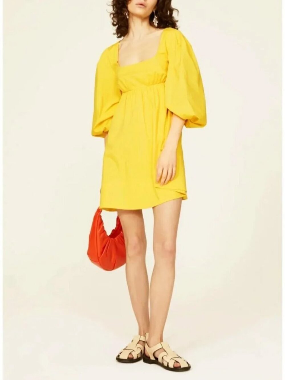 STAUD Sophie Mini Dress Yellow Poplin Puff Sleeve Darling Babydoll Sundress $295 - Picture 2 of 16